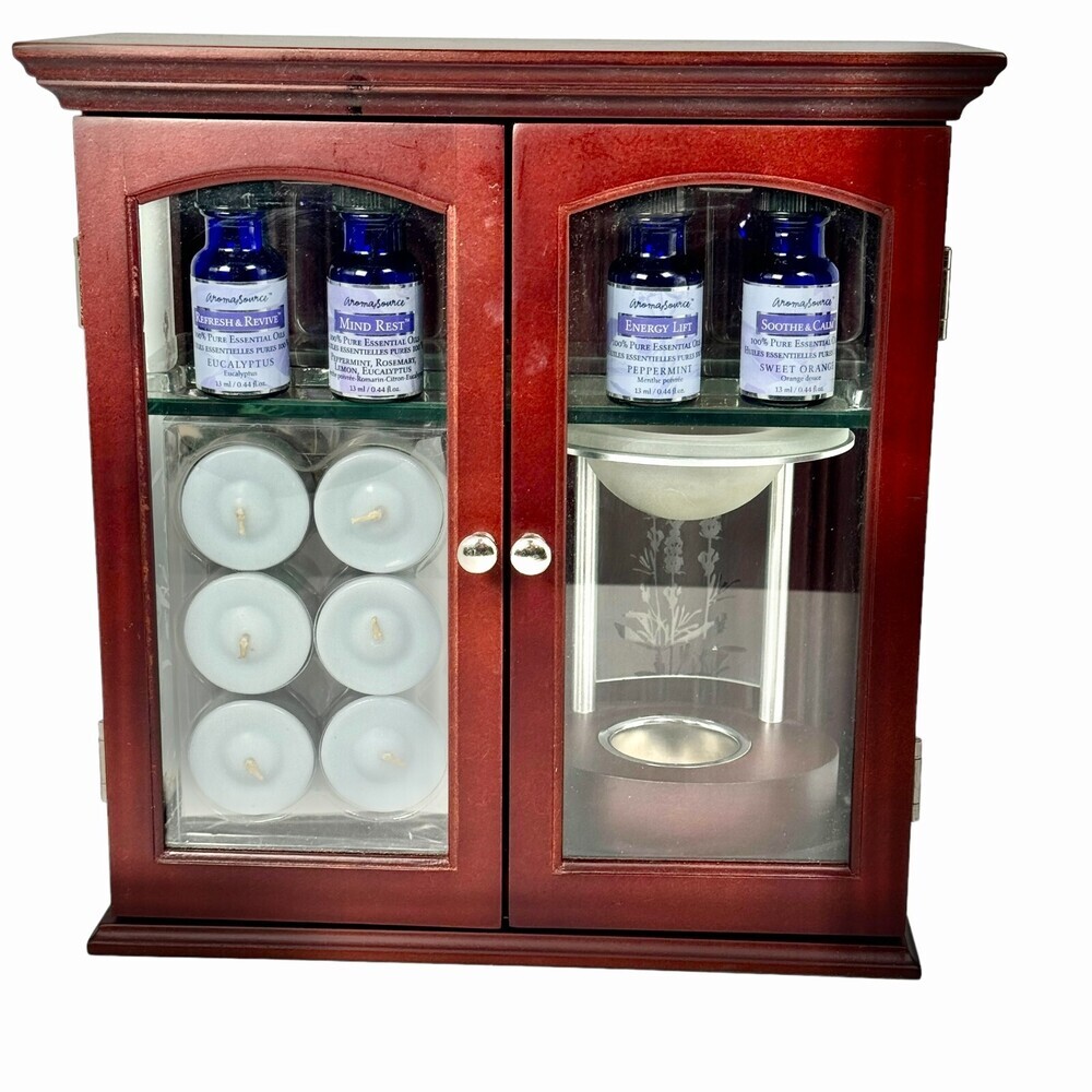 Aroma Source Aromatherapy Oils Diffuser Candles Cabinet Set *One bottle is Empty